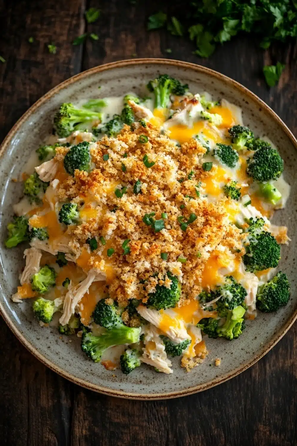 Chicken broccoli casserole dinner - the image is a close-up of a bowl of food. the bowl is made of ceramic and is placed on a wooden table. the food appears to be a casserole dish with broccoli, chicken, and cheese. the broccoli is cut into small pieces and is arranged in a circular pattern on top of the chicken. the cheese is melted and bubbly, and there are small pieces of green onions scattered throughout the dish. there are also a few sprigs of parsley on the table, adding a pop of green color to the image. the overall appearance of the dish is fresh and appetizing.