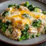 Chicken broccoli casserole knorr rice - the image shows a plate of food on a wooden table. the plate is round and has a light brown color with a speckled pattern. on top of the plate, there is a serving of risotto with broccoli and chicken. the risotto is golden brown and appears to be cooked until it is soft and fluffy. the broccoli is bright green and looks fresh and healthy. the chicken is cut into small pieces and is scattered throughout the risotto. the dish looks appetizing and ready to eat.