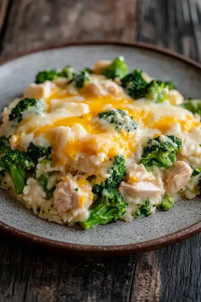 Chicken broccoli casserole knorr rice - the image shows a plate of food on a wooden table. the plate is round and has a light brown color with a speckled pattern. on top of the plate, there is a serving of risotto with broccoli and chicken. the risotto is golden brown and appears to be cooked until it is soft and fluffy. the broccoli is bright green and looks fresh and healthy. the chicken is cut into small pieces and is scattered throughout the risotto. the dish looks appetizing and ready to eat.