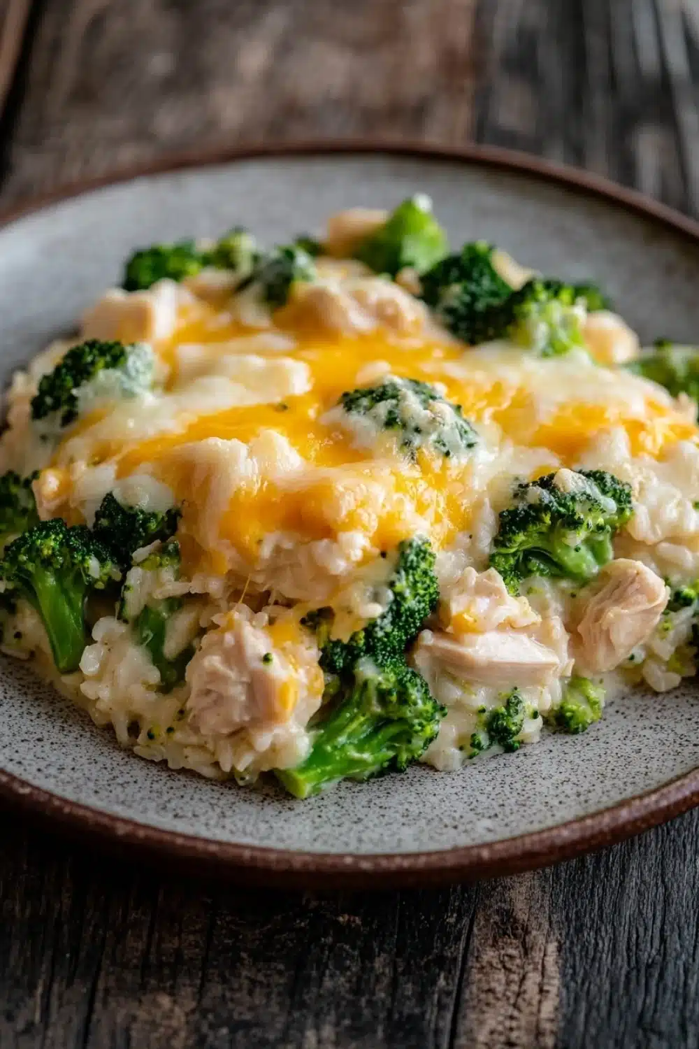 Chicken broccoli casserole knorr rice - the image shows a plate of food on a wooden table. the plate is round and has a light brown color with a speckled pattern. on top of the plate, there is a serving of risotto with broccoli and chicken. the risotto is golden brown and appears to be cooked until it is soft and fluffy. the broccoli is bright green and looks fresh and healthy. the chicken is cut into small pieces and is scattered throughout the risotto. the dish looks appetizing and ready to eat.