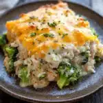 Chicken broccoli casserole knorr rice - the image shows a plate of food on a wooden table. the dish appears to be a casserole or lasagna, with a layer of melted cheese on top. the cheese is golden brown and bubbly, and there are small pieces of broccoli scattered throughout the dish. the broccoli is bright green and looks fresh and healthy. the plate is brown and has a textured surface. the background is blurred, but it seems to be an indoor setting with a white cloth napkin on the side.