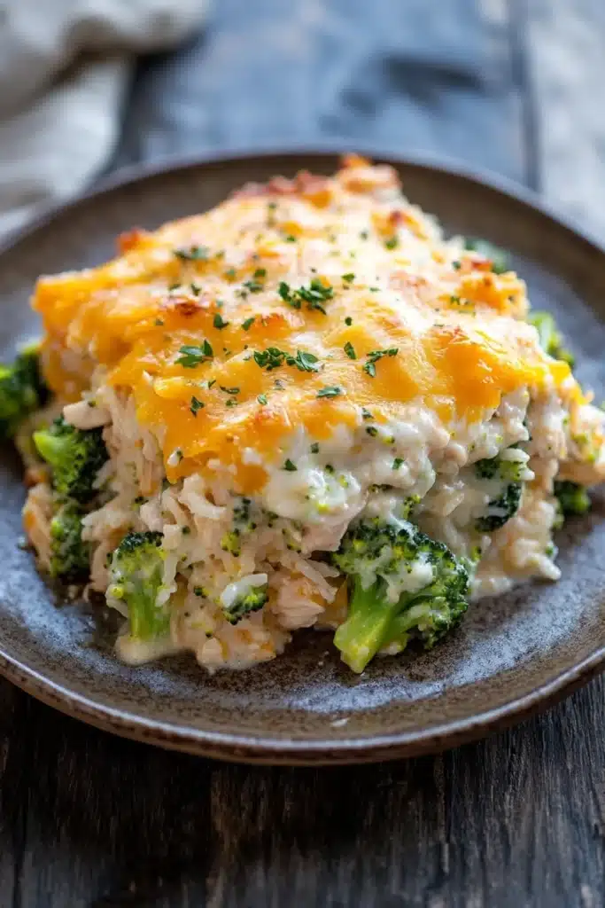 Chicken broccoli casserole knorr rice - the image shows a plate of food on a wooden table. the dish appears to be a casserole or lasagna, with a layer of melted cheese on top. the cheese is golden brown and bubbly, and there are small pieces of broccoli scattered throughout the dish. the broccoli is bright green and looks fresh and healthy. the plate is brown and has a textured surface. the background is blurred, but it seems to be an indoor setting with a white cloth napkin on the side.