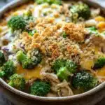 Chicken broccoli casserole mushroom soup - the image shows a close-up of a dish in a brown ceramic bowl. the dish appears to be a casserole or pasta dish with a creamy white sauce and chunks of chicken and broccoli mixed in. the top of the dish is covered in a layer of breadcrumbs, which are golden brown and appear to be seasoned with herbs and spices. the broccoli is bright green and looks fresh and healthy. the bowl is sitting on a wooden table with a white napkin on the side.