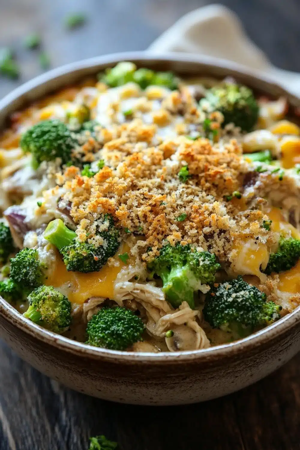 Chicken broccoli casserole mushroom soup - the image shows a close-up of a dish in a brown ceramic bowl. the dish appears to be a casserole or pasta dish with a creamy white sauce and chunks of chicken and broccoli mixed in. the top of the dish is covered in a layer of breadcrumbs, which are golden brown and appear to be seasoned with herbs and spices. the broccoli is bright green and looks fresh and healthy. the bowl is sitting on a wooden table with a white napkin on the side.