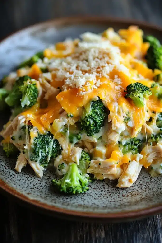 Chicken broccoli casserole protein - the image is a close-up of a plate of food. the plate is brown and has a speckled pattern around the edges. on top of the plate, there is a layer of shredded cheese, which appears to be a combination of orange and yellow colors. the cheese is melted and bubbly, and there are small pieces of broccoli scattered throughout the dish. the broccoli is bright green and looks fresh and healthy. the dish looks appetizing and ready to eat.