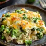 Chicken broccoli casserole protein - the image shows a slice of broccoli casserole on a brown plate. the dish appears to be made with a layer of melted cheese on top, with chunks of broccoli scattered throughout. the cheese is golden brown and bubbly, and it looks like it has been cooked until it is soft and fluffy. the broccoli is bright green and looks fresh and healthy. in the background, there is another plate with more broccoli and a fork, suggesting that the dish is ready to be eaten. the plate is sitting on a dark wooden table, and there are a few sprigs of parsley scattered around it.
