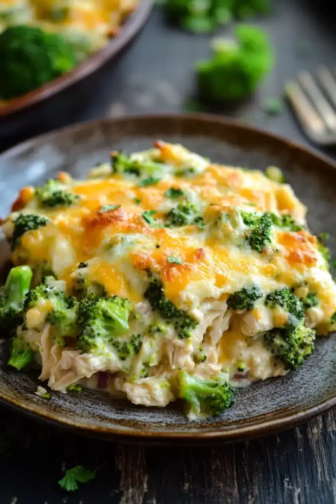 Chicken broccoli casserole protein - the image shows a slice of broccoli casserole on a brown plate. the dish appears to be made with a layer of melted cheese on top, with chunks of broccoli scattered throughout. the cheese is golden brown and bubbly, and it looks like it has been cooked until it is soft and fluffy. the broccoli is bright green and looks fresh and healthy. in the background, there is another plate with more broccoli and a fork, suggesting that the dish is ready to be eaten. the plate is sitting on a dark wooden table, and there are a few sprigs of parsley scattered around it.