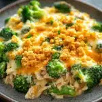 Chicken broccoli casserole ranch - the image shows a plate of food with a serving of broccoli casserole. the dish appears to be made with chicken, broccoli, and cheese, and is topped with crumbled breadcrumbs. the broccoli is bright green and looks fresh, while the cheese is a creamy yellow color. the plate is brown and has a textured surface. in the background, there are a few more broccoli florets scattered around the plate.