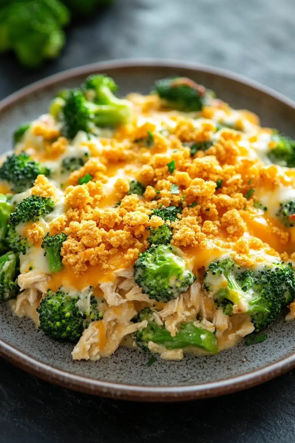 Chicken broccoli casserole ranch - the image shows a plate of food with a serving of broccoli casserole. the dish appears to be made with chicken, broccoli, and cheese, and is topped with crumbled breadcrumbs. the broccoli is bright green and looks fresh, while the cheese is a creamy yellow color. the plate is brown and has a textured surface. in the background, there are a few more broccoli florets scattered around the plate.