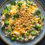 Chicken broccoli casserole ranch - the image is a close-up of a plate of food. the plate is round and has a blue and white speckled pattern around the edges. the food appears to be a casserole dish with a layer of chicken, broccoli, and cheese on top. the chicken is cut into small pieces and is covered in a golden brown crumbly topping. the broccoli is bright green and looks fresh and healthy. the cheese is melted and bubbly, and there are small pieces of red onions scattered throughout the dish. the dish is sitting on a black countertop.
