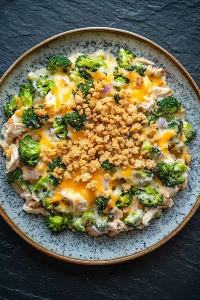 Chicken broccoli casserole ranch - the image is a close-up of a plate of food. the plate is round and has a blue and white speckled pattern around the edges. the food appears to be a casserole dish with a layer of chicken, broccoli, and cheese on top. the chicken is cut into small pieces and is covered in a golden brown crumbly topping. the broccoli is bright green and looks fresh and healthy. the cheese is melted and bubbly, and there are small pieces of red onions scattered throughout the dish. the dish is sitting on a black countertop.