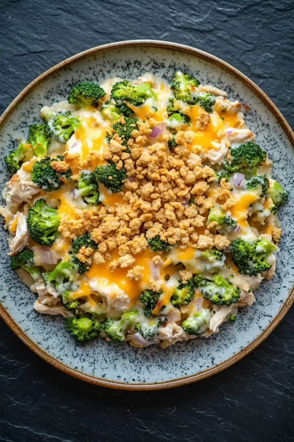 Chicken broccoli casserole ranch - the image is a close-up of a plate of food. the plate is round and has a blue and white speckled pattern around the edges. the food appears to be a casserole dish with a layer of chicken, broccoli, and cheese on top. the chicken is cut into small pieces and is covered in a golden brown crumbly topping. the broccoli is bright green and looks fresh and healthy. the cheese is melted and bubbly, and there are small pieces of red onions scattered throughout the dish. the dish is sitting on a black countertop.