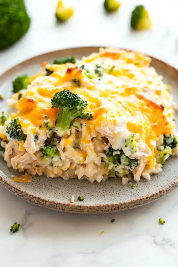 Chicken broccoli rice casserole greek yogurt - the image shows a plate of food with a serving of rice and broccoli. the rice appears to be cooked and has a golden brown color. on top of the rice, there is a layer of melted cheese, which is a bright yellow color. the broccoli is cut into small pieces and is scattered around the plate. the plate is on a white marble countertop with a few pieces of broccoli scattered around. the background is blurred, but it seems to be a kitchen countertop.