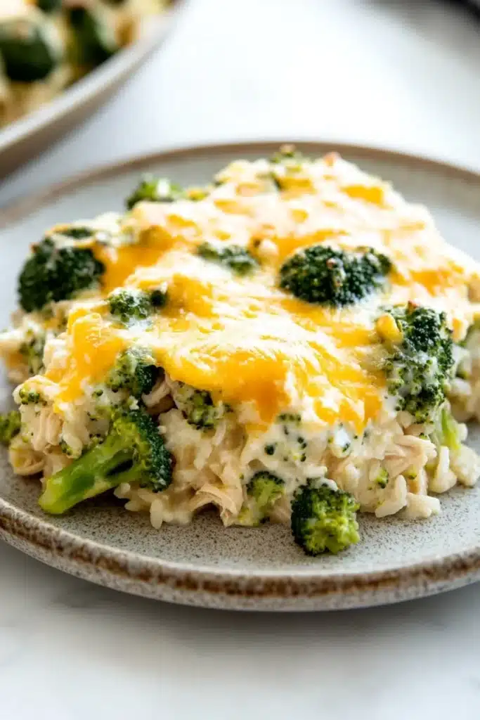 Chicken broccoli rice casserole greek yogurt - the image shows a plate of food with a casserole dish on it. the dish appears to be made with rice, broccoli, and cheese. the rice is white and fluffy, and the broccoli is bright green. the cheese is melted and bubbly, and it looks like it has been cooked until it is golden brown. the plate is sitting on a white countertop, and there is another dish visible in the background.