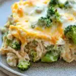 Chicken broccoli rice cream of mushroom casserole - the image shows a close-up of a dish on a plate. the dish appears to be a casserole or lasagna, with a layer of melted cheese on top. the cheese is golden brown and bubbly, and there are small pieces of broccoli scattered throughout the dish. the broccoli is bright green and looks fresh and healthy. the plate is white with a speckled pattern, and the dish is sitting on a wooden table.