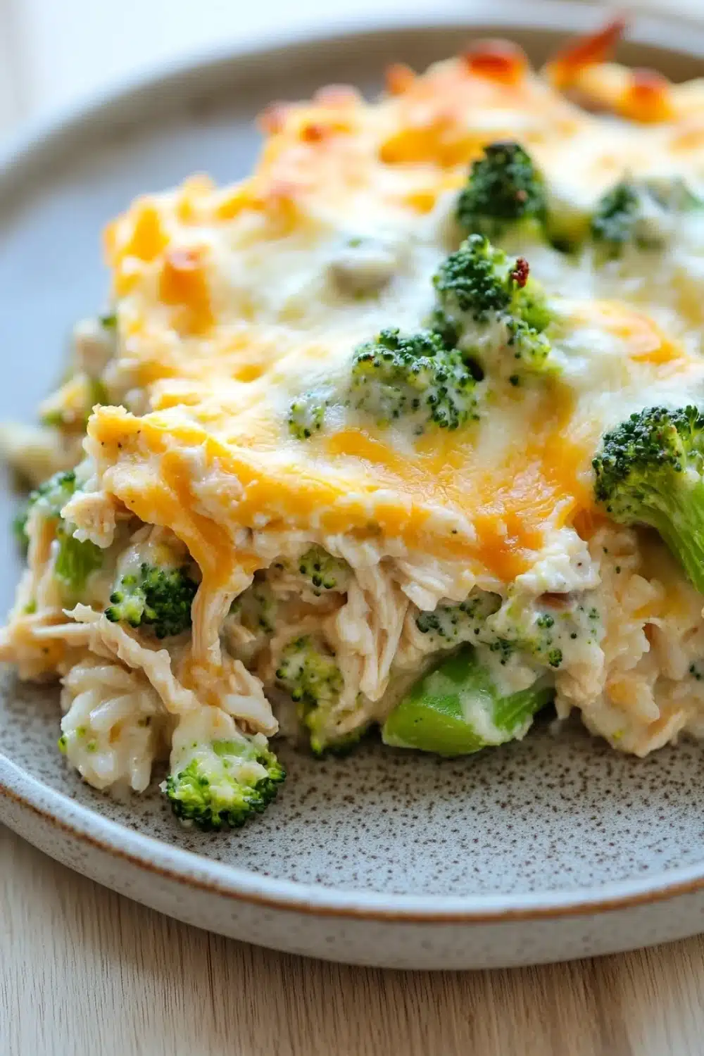 Chicken broccoli rice cream of mushroom casserole - the image shows a close-up of a dish on a plate. the dish appears to be a casserole or lasagna, with a layer of melted cheese on top. the cheese is golden brown and bubbly, and there are small pieces of broccoli scattered throughout the dish. the broccoli is bright green and looks fresh and healthy. the plate is white with a speckled pattern, and the dish is sitting on a wooden table.