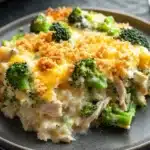 Chicken broccoli rice cream of mushroom casserole - the image shows a close-up of a dish on a gray plate. the dish appears to be a casserole or lasagna, with a layer of melted cheese on top. the cheese is golden brown and bubbly, and there are small pieces of broccoli scattered throughout the dish. the broccoli is bright green and looks fresh and healthy. the plate is sitting on a dark grey countertop, and in the background, there is another dish visible.