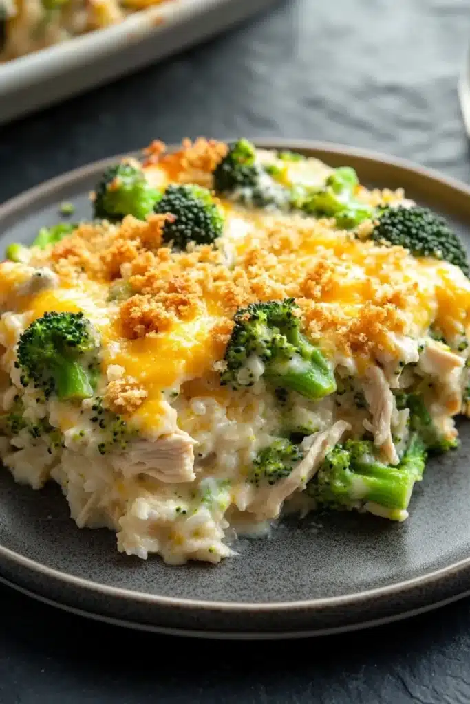 Chicken broccoli rice cream of mushroom casserole - the image shows a close-up of a dish on a gray plate. the dish appears to be a casserole or lasagna, with a layer of melted cheese on top. the cheese is golden brown and bubbly, and there are small pieces of broccoli scattered throughout the dish. the broccoli is bright green and looks fresh and healthy. the plate is sitting on a dark grey countertop, and in the background, there is another dish visible.