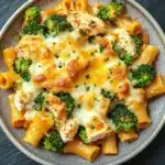 Chicken broccoli ziti casserole - the image is a close-up of a plate of pasta dish. the pasta appears to be penne, which is a type of penne pasta, and is topped with chunks of chicken and broccoli. the chicken is cooked to a golden brown color and is covered in melted cheese. the broccoli is bright green and looks fresh and vibrant. the dish is served on a dark grey plate with a textured surface.