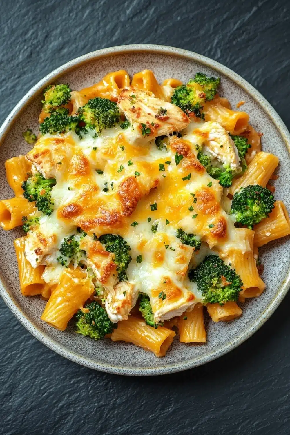 Chicken broccoli ziti casserole - the image is a close-up of a plate of pasta dish. the pasta appears to be penne, which is a type of penne pasta, and is topped with chunks of chicken and broccoli. the chicken is cooked to a golden brown color and is covered in melted cheese. the broccoli is bright green and looks fresh and vibrant. the dish is served on a dark grey plate with a textured surface.