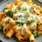 Chicken broccoli ziti casserole - the image shows a plate of penne pasta with chicken and broccoli. the pasta is cooked al dente and is topped with a creamy sauce and sprinkled with grated parmesan cheese. the dish is garnished with fresh parsley. the plate is sitting on a dark grey countertop with a few sprigs of parsley scattered around. the overall color scheme of the dish is warm and inviting.