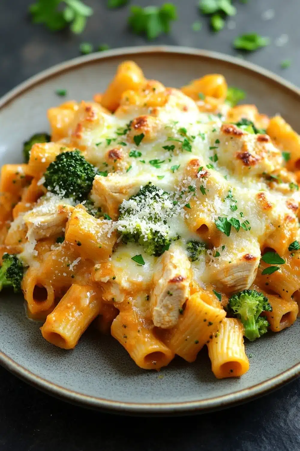 Chicken broccoli ziti casserole - the image shows a plate of penne pasta with chicken and broccoli. the pasta is cooked al dente and is topped with a creamy sauce and sprinkled with grated parmesan cheese. the dish is garnished with fresh parsley. the plate is sitting on a dark grey countertop with a few sprigs of parsley scattered around. the overall color scheme of the dish is warm and inviting.