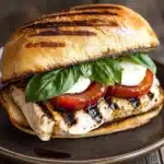 Chicken caprese sandwich - the image shows a sandwich on a black plate. the sandwich is made with a toasted bun and is topped with grilled chicken, sliced tomatoes, and a dollop of mozzarella cheese. the chicken is cooked to a golden brown color and appears to be seasoned with herbs and spices. the tomatoes are bright red and juicy, and the cheese is melted and bubbly. the plate is sitting on a wooden table with a rustic background.