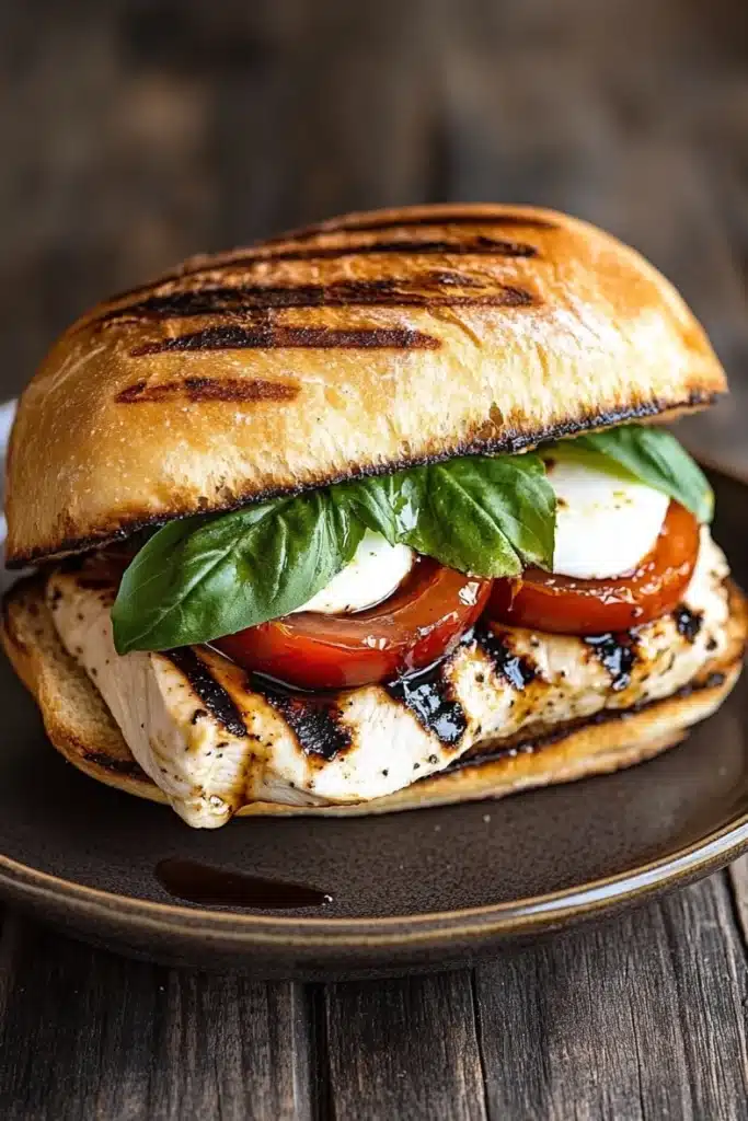 Chicken caprese sandwich - the image shows a sandwich on a black plate. the sandwich is made with a toasted bun and is topped with grilled chicken, sliced tomatoes, and a dollop of mozzarella cheese. the chicken is cooked to a golden brown color and appears to be seasoned with herbs and spices. the tomatoes are bright red and juicy, and the cheese is melted and bubbly. the plate is sitting on a wooden table with a rustic background.