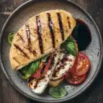Chicken caprese sandwich - the image shows a plate of food on a wooden table. on the plate, there is a grilled chicken sandwich with a slice taken out of it. the chicken is golden brown and appears to be seasoned with herbs and spices. the sandwich is garnished with sliced tomatoes, basil leaves, and a dollop of mozzarella cheese. there is also a drizzle of dark sauce on the plate. the overall presentation of the dish is elegant and appetizing.
