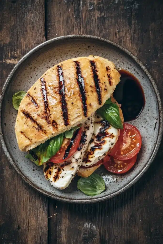 Chicken caprese sandwich - the image shows a plate of food on a wooden table. on the plate, there is a grilled chicken sandwich with a slice taken out of it. the chicken is golden brown and appears to be seasoned with herbs and spices. the sandwich is garnished with sliced tomatoes, basil leaves, and a dollop of mozzarella cheese. there is also a drizzle of dark sauce on the plate. the overall presentation of the dish is elegant and appetizing.