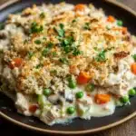 Chicken casserole greek yogurt - the image shows a plate of food on a wooden table. the dish appears to be a casserole with a creamy white sauce and chunks of chicken and vegetables mixed in. the top of the dish is covered in a crumbly, golden-brown breadcrumbs, which are sprinkled with chopped parsley. the vegetables include peas, carrots, and mushrooms. the plate is brown and has a rimmed edge. the background is blurred, but it seems to be an indoor setting with a rustic feel.