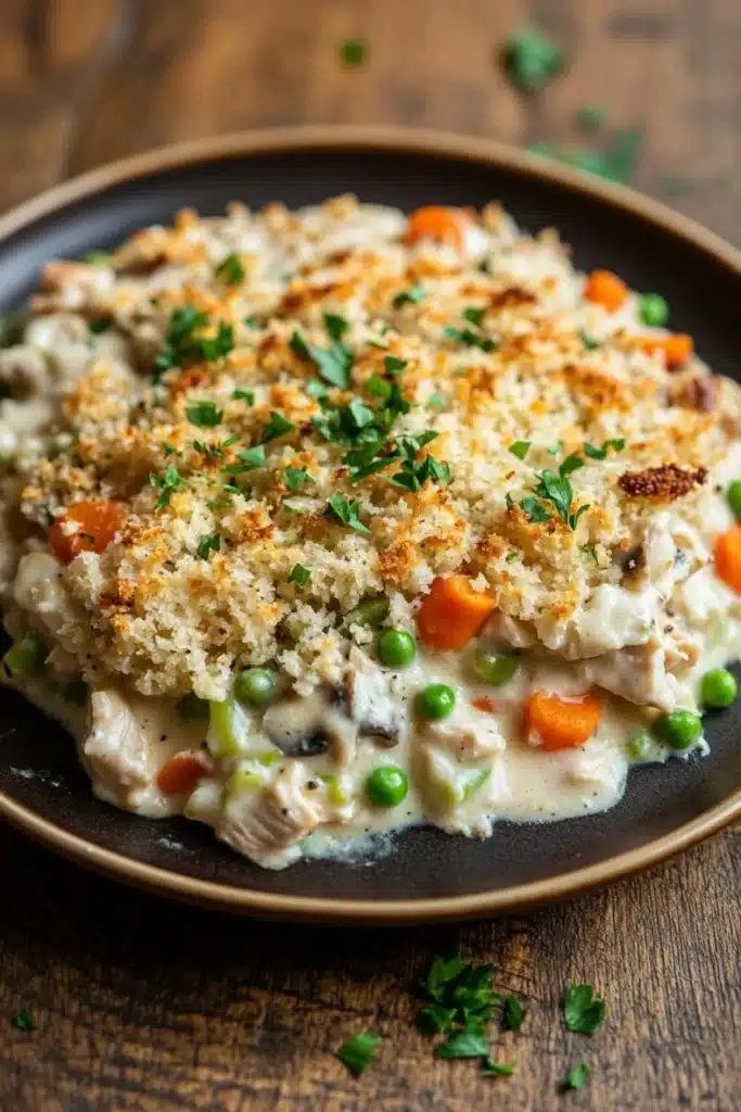 Chicken casserole greek yogurt - the image shows a plate of food on a wooden table. the dish appears to be a casserole with a creamy white sauce and chunks of chicken and vegetables mixed in. the top of the dish is covered in a crumbly, golden-brown breadcrumbs, which are sprinkled with chopped parsley. the vegetables include peas, carrots, and mushrooms. the plate is brown and has a rimmed edge. the background is blurred, but it seems to be an indoor setting with a rustic feel.