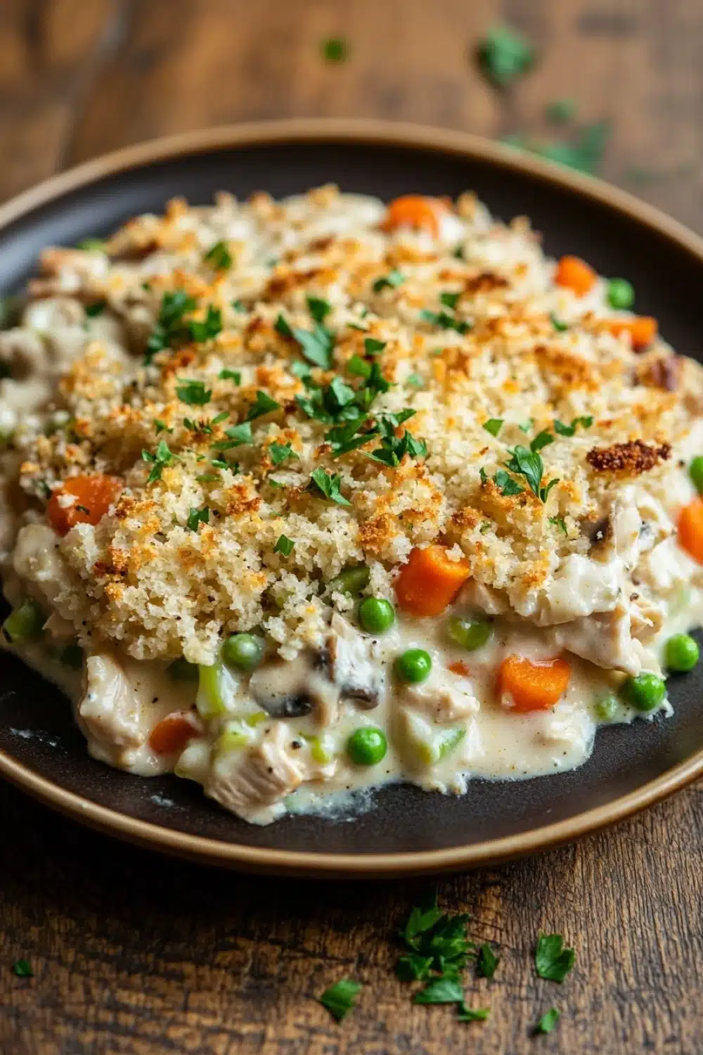 Chicken casserole greek yogurt - the image shows a plate of food on a wooden table. the dish appears to be a casserole with a creamy white sauce and chunks of chicken and vegetables mixed in. the top of the dish is covered in a crumbly, golden-brown breadcrumbs, which are sprinkled with chopped parsley. the vegetables include peas, carrots, and mushrooms. the plate is brown and has a rimmed edge. the background is blurred, but it seems to be an indoor setting with a rustic feel.
