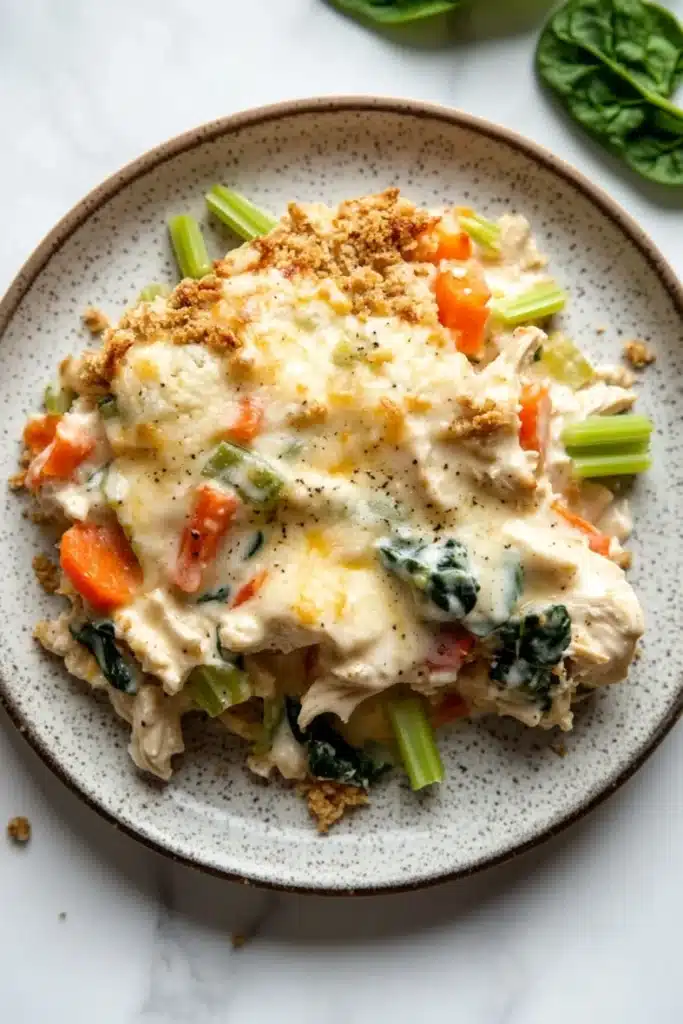 Chicken casserole greek yogurt - the image shows a plate of food on a white marble countertop. the plate is round and has a light brown speckled pattern. on top of the plate, there is a serving of chicken casserole with a golden brown crumbly topping. the chicken is covered in a creamy white sauce and is garnished with sliced carrots, celery, and spinach. there are also some fresh spinach leaves scattered around the plate. the dish appears to be freshly cooked and ready to eat.