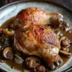 Chicken leg quarters with mushroom gravy - the image shows a plate of roasted chicken with mushrooms and onions. the chicken is golden brown and appears to be seasoned with herbs and spices. the mushrooms are sliced and arranged in a circular pattern around the chicken. the dish is garnished with a drizzle of brown sauce. the plate is sitting on a wooden table.