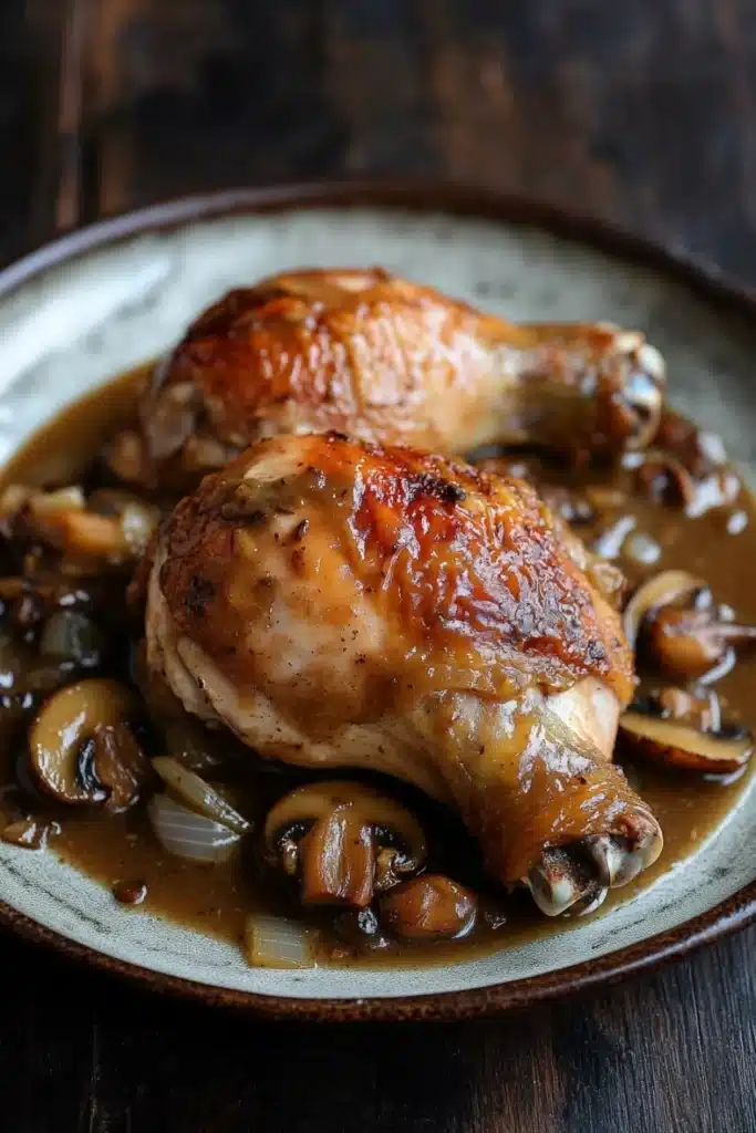 Chicken leg quarters with mushroom gravy - the image shows a plate of roasted chicken with mushrooms and onions. the chicken is golden brown and appears to be seasoned with herbs and spices. the mushrooms are sliced and arranged in a circular pattern around the chicken. the dish is garnished with a drizzle of brown sauce. the plate is sitting on a wooden table.