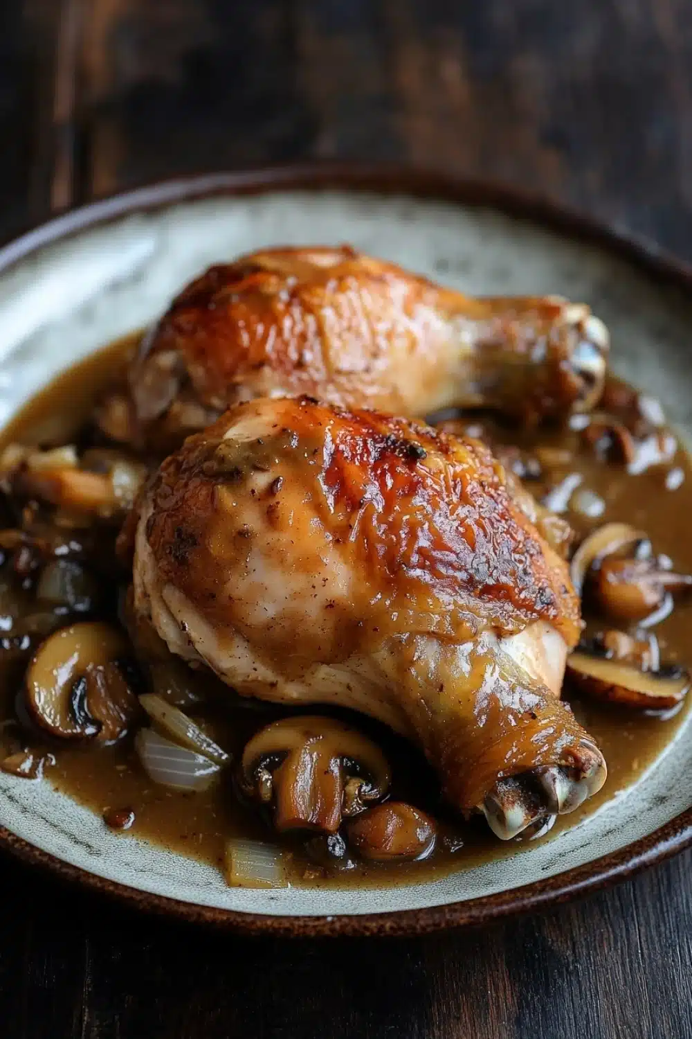 Chicken leg quarters with mushroom gravy - the image shows a plate of roasted chicken with mushrooms and onions. the chicken is golden brown and appears to be seasoned with herbs and spices. the mushrooms are sliced and arranged in a circular pattern around the chicken. the dish is garnished with a drizzle of brown sauce. the plate is sitting on a wooden table.