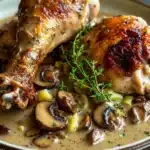 Chicken leg quarters with mushroom gravy - the image shows a plate of roasted chicken with mushrooms and herbs. the chicken is golden brown and appears to be seasoned with herbs and spices. the mushrooms are sliced and arranged in a circular pattern on top of the dish. the dish is garnished with a sprig of fresh thyme. the plate is white and has a gold rim. the background is a dark grey countertop.