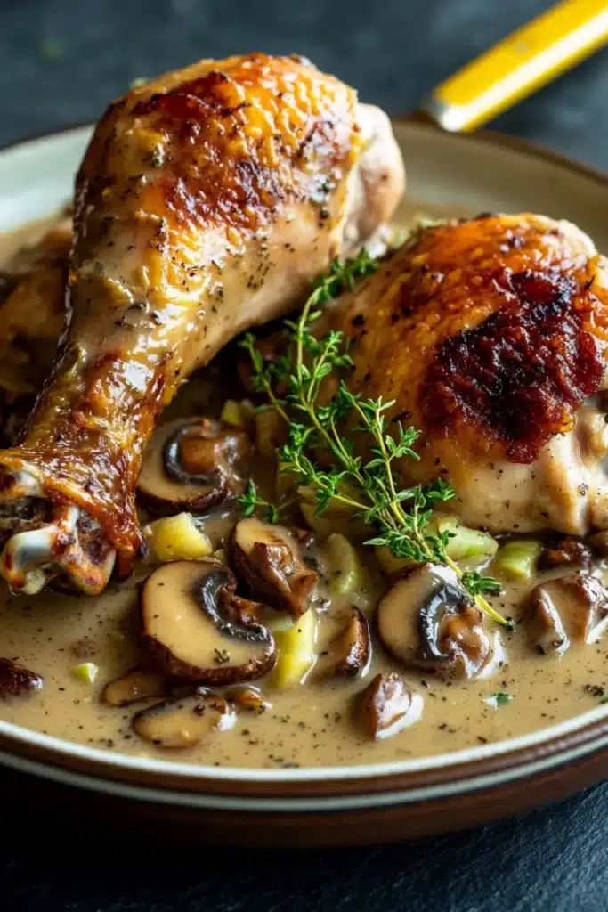 Chicken leg quarters with mushroom gravy - the image shows a plate of roasted chicken with mushrooms and herbs. the chicken is golden brown and appears to be seasoned with herbs and spices. the mushrooms are sliced and arranged in a circular pattern on top of the dish. the dish is garnished with a sprig of fresh thyme. the plate is white and has a gold rim. the background is a dark grey countertop.