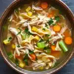 Chicken noodle soup for two - the image is a close-up of a bowl of soup. the soup appears to be a type of noodle soup with chunks of chicken, carrots, celery, and other vegetables mixed in. the bowl is made of ceramic and has a dark brown color. the broth is a light beige color and is thick and creamy. there are also some green herbs sprinkled on top of the soup, adding a pop of color to the dish. the background is a dark grey countertop.