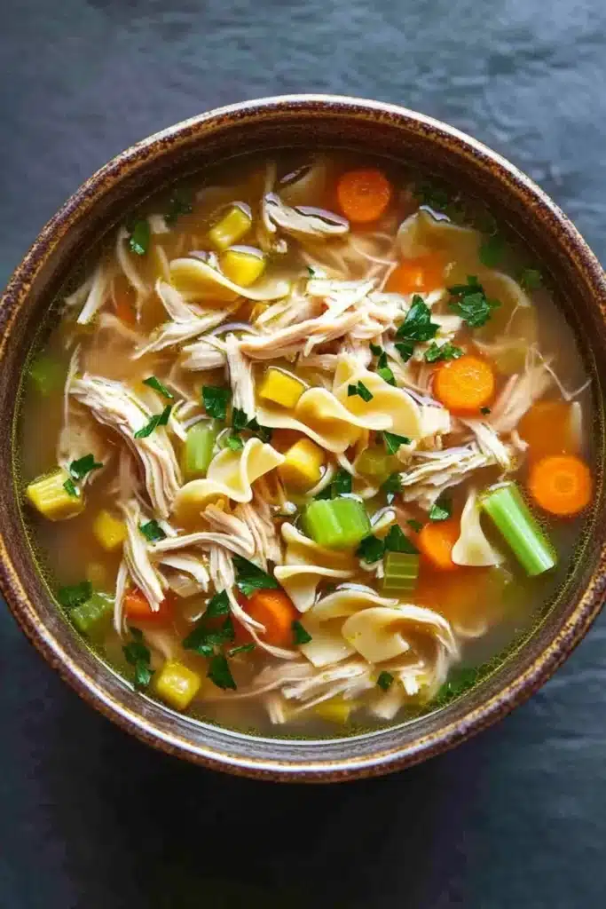 Chicken noodle soup for two - the image is a close-up of a bowl of soup. the soup appears to be a type of noodle soup with chunks of chicken, carrots, celery, and other vegetables mixed in. the bowl is made of ceramic and has a dark brown color. the broth is a light beige color and is thick and creamy. there are also some green herbs sprinkled on top of the soup, adding a pop of color to the dish. the background is a dark grey countertop.