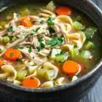 Chicken noodle soup for two - the image is a close-up of a bowl of chicken noodle soup. the soup is made with noodles, carrots, celery, and other vegetables, and is garnished with chopped parsley. the bowl is black and appears to be made of ceramic or ceramic. the background is a dark wooden table. the overall color scheme of the soup is warm and inviting.