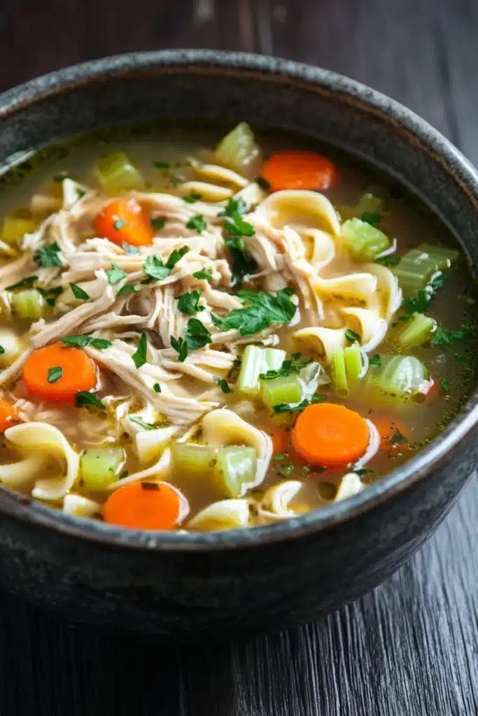 Chicken noodle soup for two - the image is a close-up of a bowl of chicken noodle soup. the soup is made with noodles, carrots, celery, and other vegetables, and is garnished with chopped parsley. the bowl is black and appears to be made of ceramic or ceramic. the background is a dark wooden table. the overall color scheme of the soup is warm and inviting.