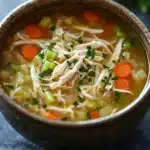 Chicken noodle soup kids - the image is a close-up of a bowl of soup. the soup appears to be a type of chicken noodle soup, with chunks of chicken, carrots, celery, and other vegetables visible in the broth. the bowl is made of ceramic and is sitting on a dark grey surface. there is a sprig of parsley on the side of the bowl, adding a pop of green color to the dish. the background is blurred, making the bowl the focal point of the image.