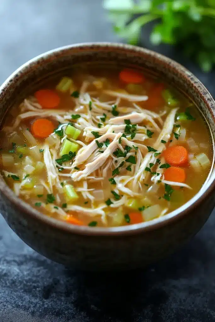 Chicken noodle soup kids - the image is a close-up of a bowl of soup. the soup appears to be a type of chicken noodle soup, with chunks of chicken, carrots, celery, and other vegetables visible in the broth. the bowl is made of ceramic and is sitting on a dark grey surface. there is a sprig of parsley on the side of the bowl, adding a pop of green color to the dish. the background is blurred, making the bowl the focal point of the image.
