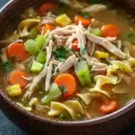 Chicken noodle soup kids - the image is a close-up of a bowl of soup. the soup appears to be a type of noodle soup with chunks of chicken, carrots, celery, and other vegetables mixed in. the broth is a light brown color and looks thick and creamy. the bowl is made of ceramic and is sitting on a dark grey surface. there are also some sprigs of parsley scattered throughout the soup, adding a pop of green color to the dish.