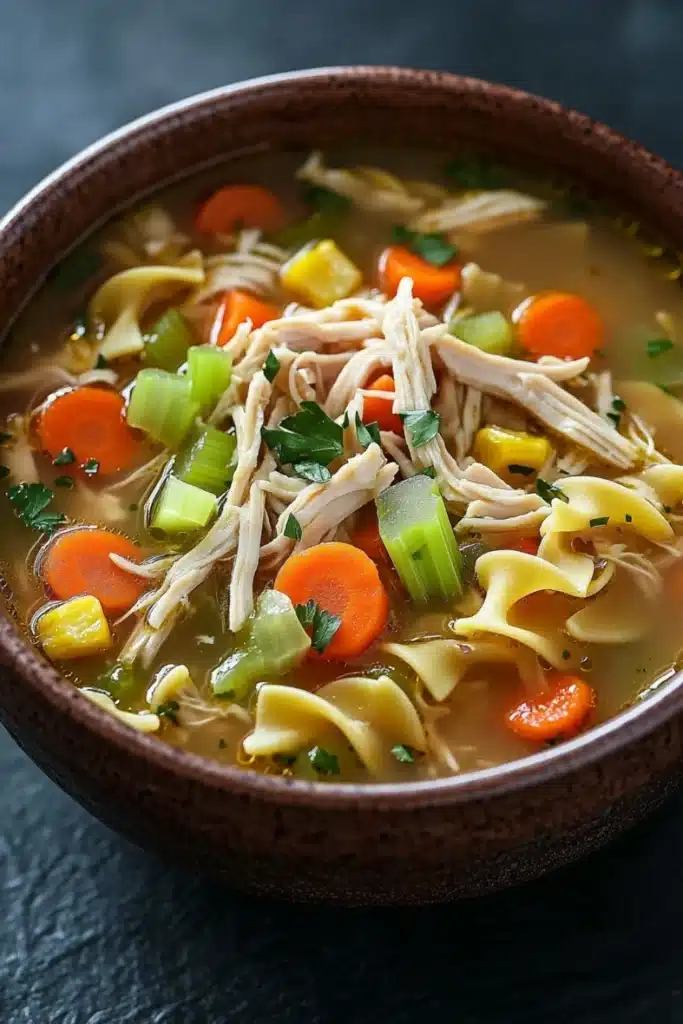 Chicken noodle soup kids - the image is a close-up of a bowl of soup. the soup appears to be a type of noodle soup with chunks of chicken, carrots, celery, and other vegetables mixed in. the broth is a light brown color and looks thick and creamy. the bowl is made of ceramic and is sitting on a dark grey surface. there are also some sprigs of parsley scattered throughout the soup, adding a pop of green color to the dish.