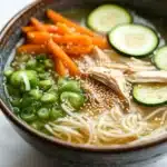 Chicken noodle soup korean - the image is a close-up of a bowl of ramen soup. the bowl is made of dark brown ceramic and is sitting on a white marble countertop. the soup is filled with noodles, sliced cucumbers, sliced carrots, and sliced green onions. there are also sesame seeds sprinkled on top of the noodles. the broth is a light beige color and appears to be thick and creamy. the vegetables are bright orange and look fresh and vibrant.