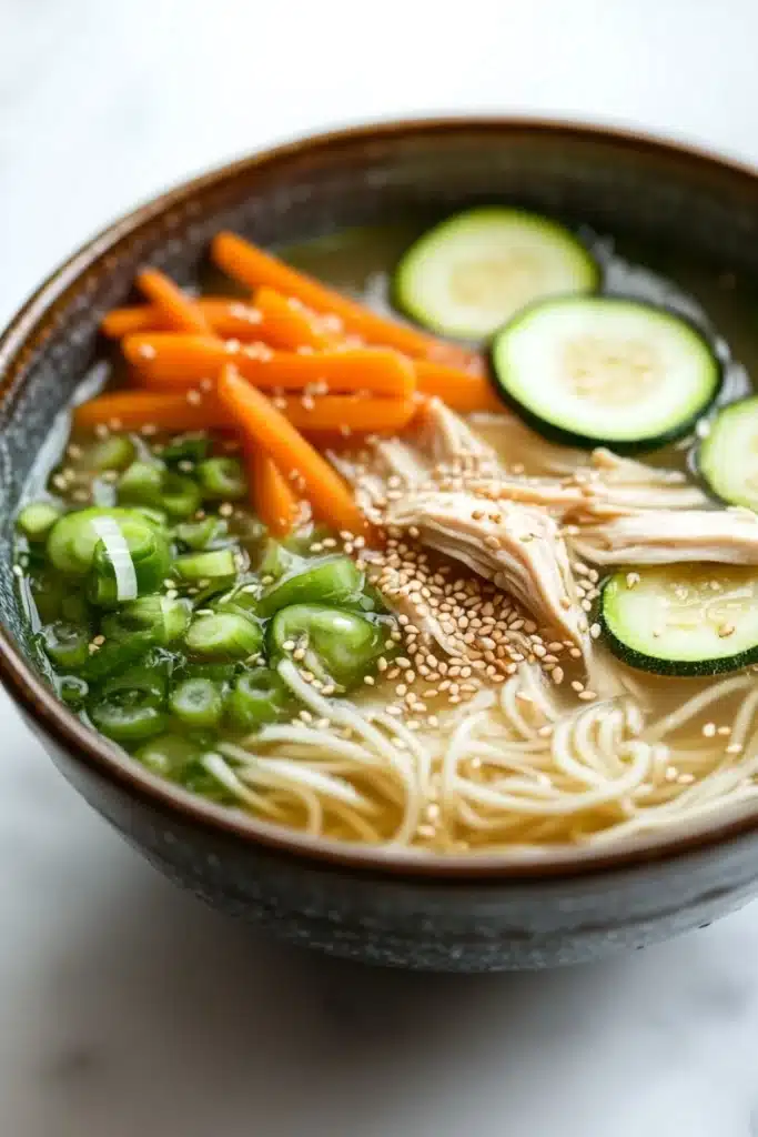 Chicken noodle soup korean - the image is a close-up of a bowl of ramen soup. the bowl is made of dark brown ceramic and is sitting on a white marble countertop. the soup is filled with noodles, sliced cucumbers, sliced carrots, and sliced green onions. there are also sesame seeds sprinkled on top of the noodles. the broth is a light beige color and appears to be thick and creamy. the vegetables are bright orange and look fresh and vibrant.