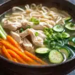 Chicken noodle soup korean - the image is a close-up of a bowl of soup. the soup appears to be made with noodles, chicken, and vegetables. the noodles are white and fluffy, and the chicken is cut into small pieces. the vegetables include sliced cucumbers, carrots, and green onions. the broth is a light brown color and looks thick and creamy. the bowl is made of dark brown ceramic and is sitting on a dark wooden table. the background is blurred, making the soup the focal point of the image.